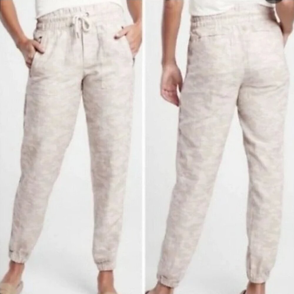 Athleta Women's Cabo Tide 100% Linen Pull On Waist Cream Joggers Size 12 Tall